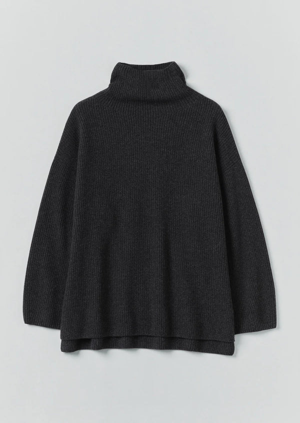 Wool-Cashmere Oversized Ribbed Sweater, Charcoal