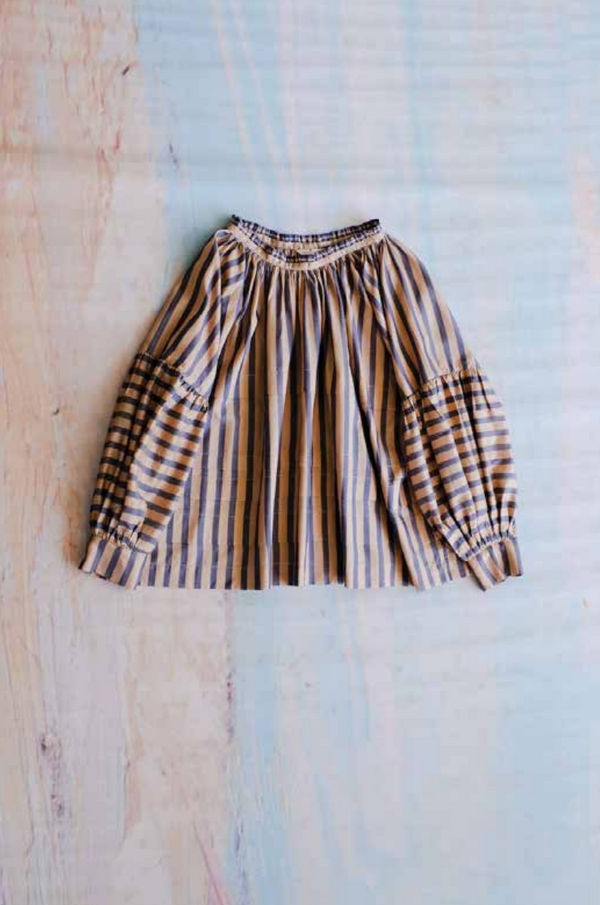 Astrid Silk Pleated Blouse, Light Peach & Indigo Stripe