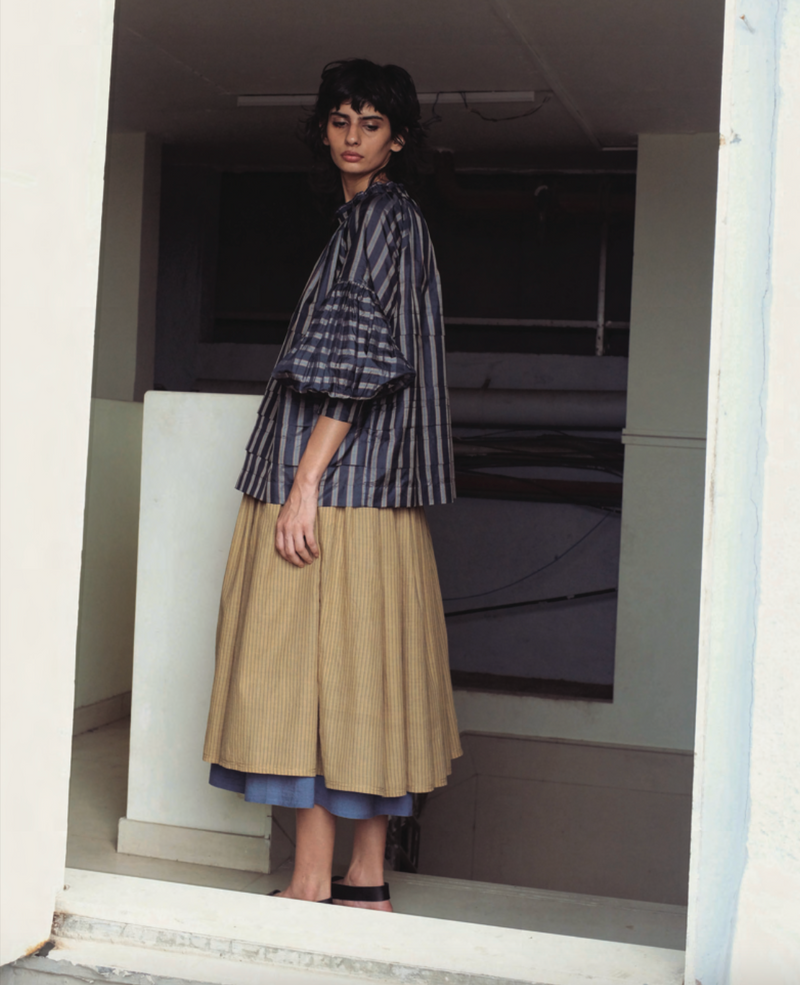 Astrid Silk Pleated Blouse, Charcoal & Azul Stripe