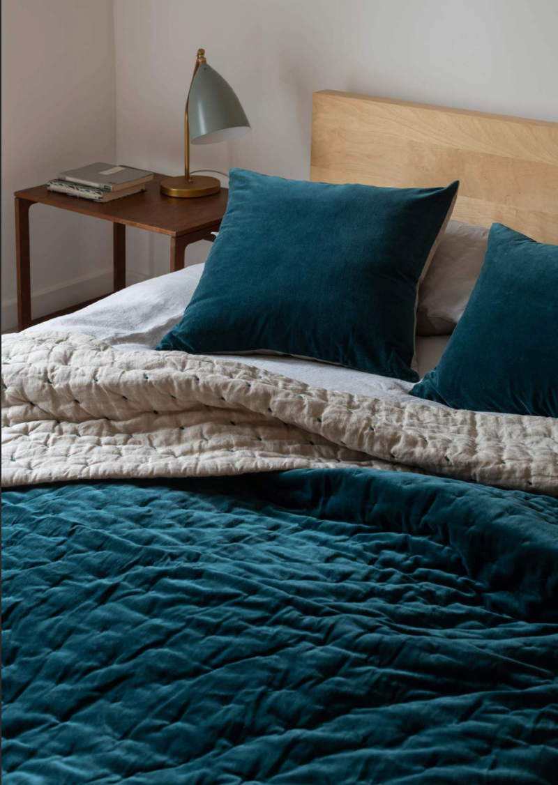 Niki Jones Velvet & Natural Linen Throw, Lomond Teal