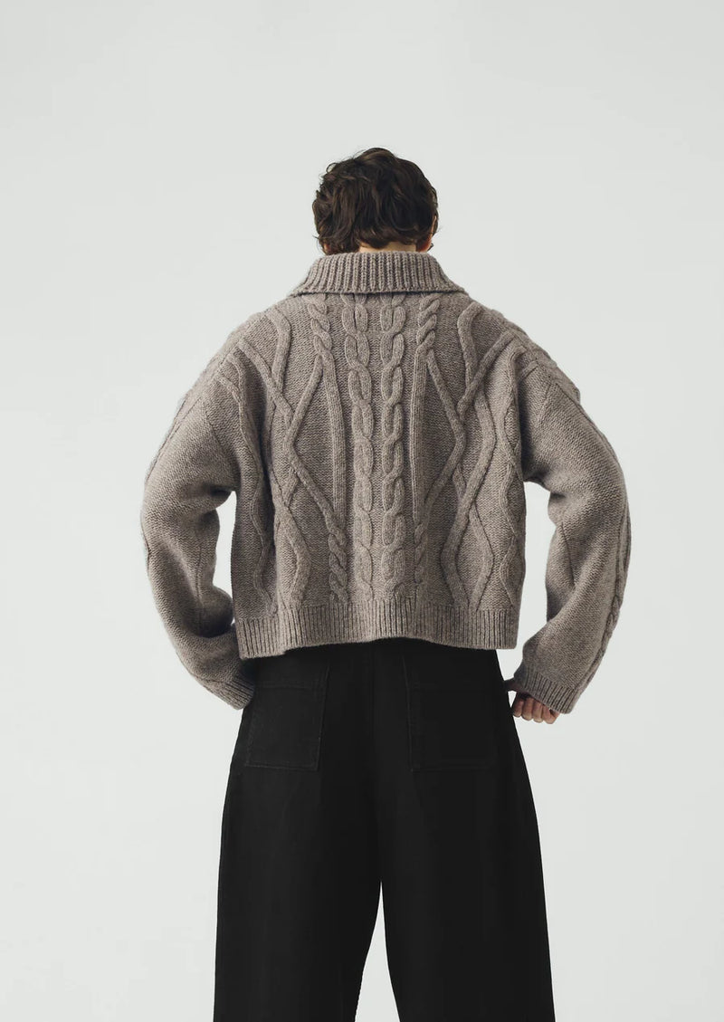 Collared Cable Cardigan, Stone