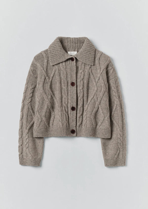 Collared Cable Cardigan, Stone
