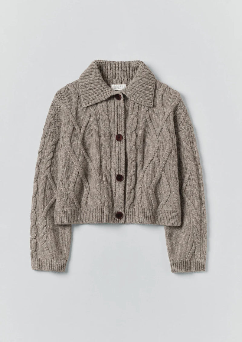 Collared Cable Cardigan, Stone