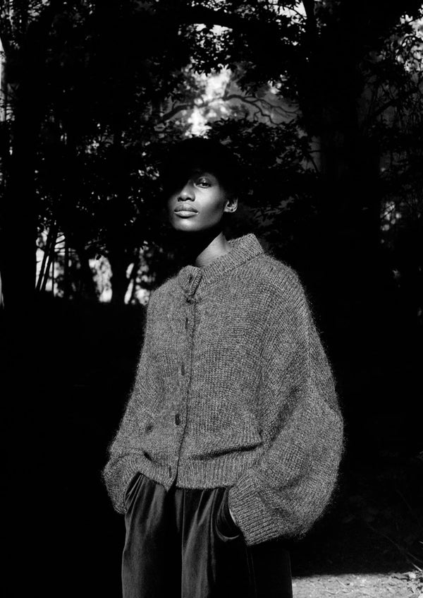 Wool Mohair Round Cardigan, Charcoal