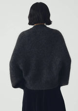 Wool Mohair Round Cardigan, Charcoal