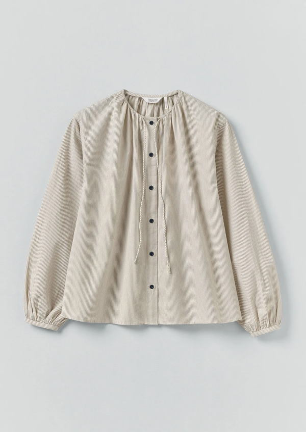 Gathered Neck Mini Stripe Shirt, Sunwashed Blue