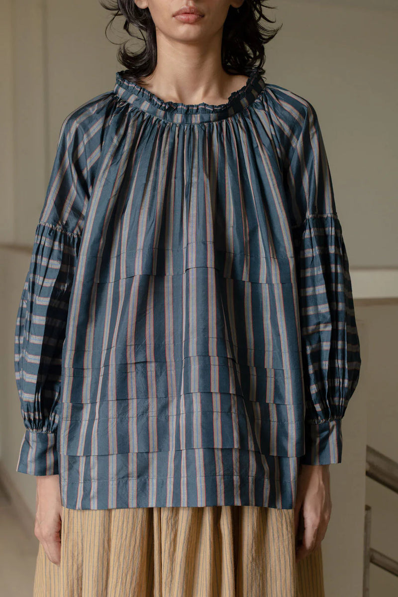 Astrid Pleated Blouse, Charcoal & Azul Stripe
