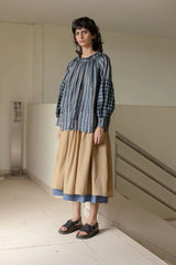 Astrid Pleated Blouse, Charcoal & Azul Stripe