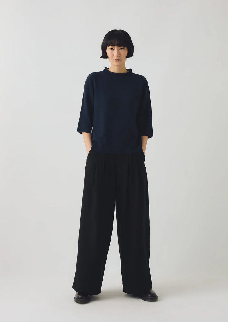 Fine Wool-Cashmere Half Sleeve Sweater, Darkest Navy