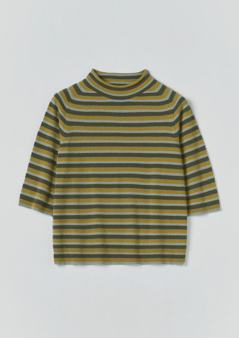 Stripe Wool-Cashmere Half Sleeve Top