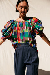 The Juli Puff Sleeve Top, Rainbow Grid
