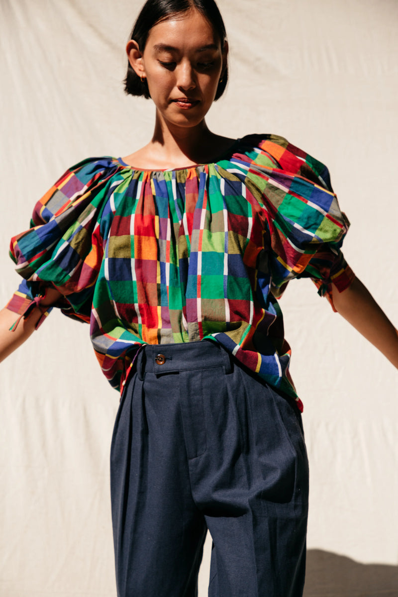 The Juli Puff Sleeve Top, Rainbow Grid