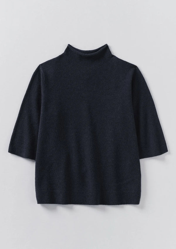 Fine Wool-Cashmere Half Sleeve Sweater, Darkest Navy