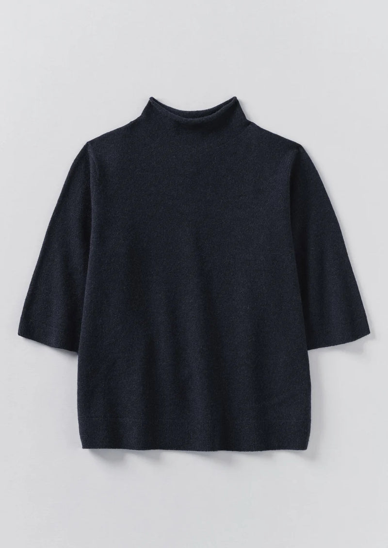 Fine Wool-Cashmere Half Sleeve Sweater, Darkest Navy