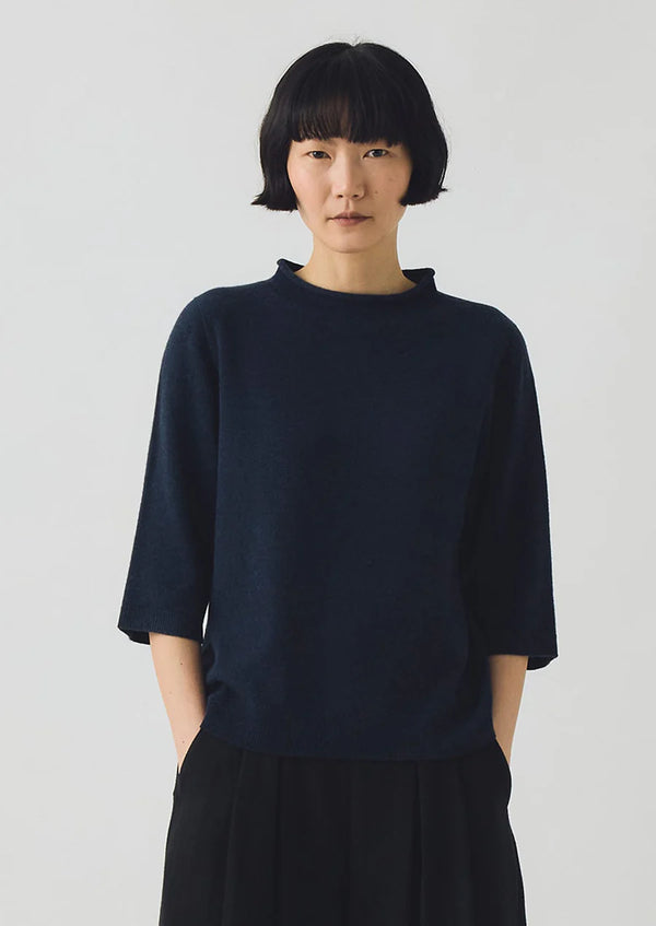Fine Wool-Cashmere Half Sleeve Sweater, Darkest Navy