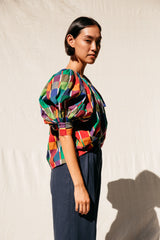 The Juli Puff Sleeve Top, Rainbow Grid