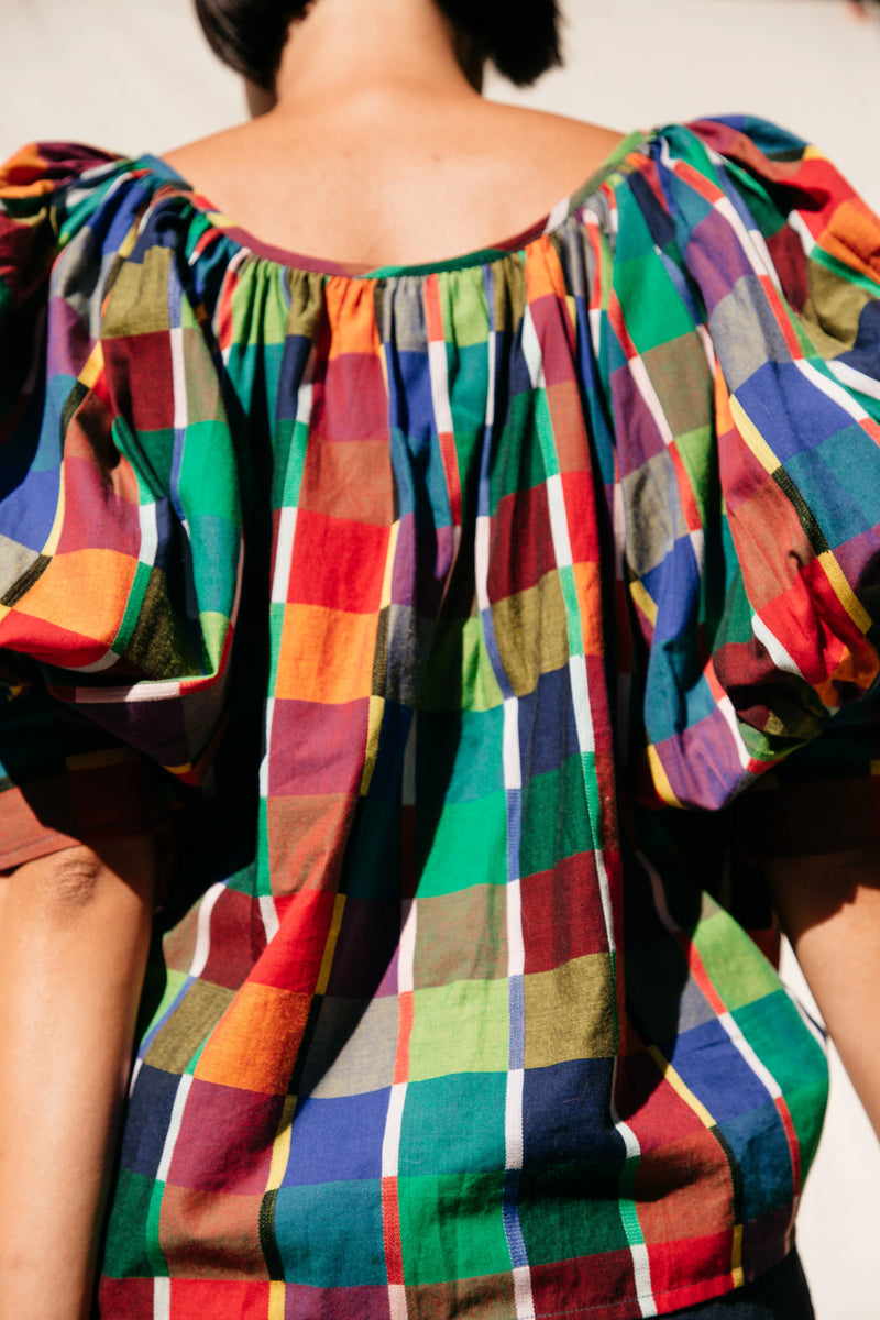 The Juli Puff Sleeve Top, Rainbow Grid